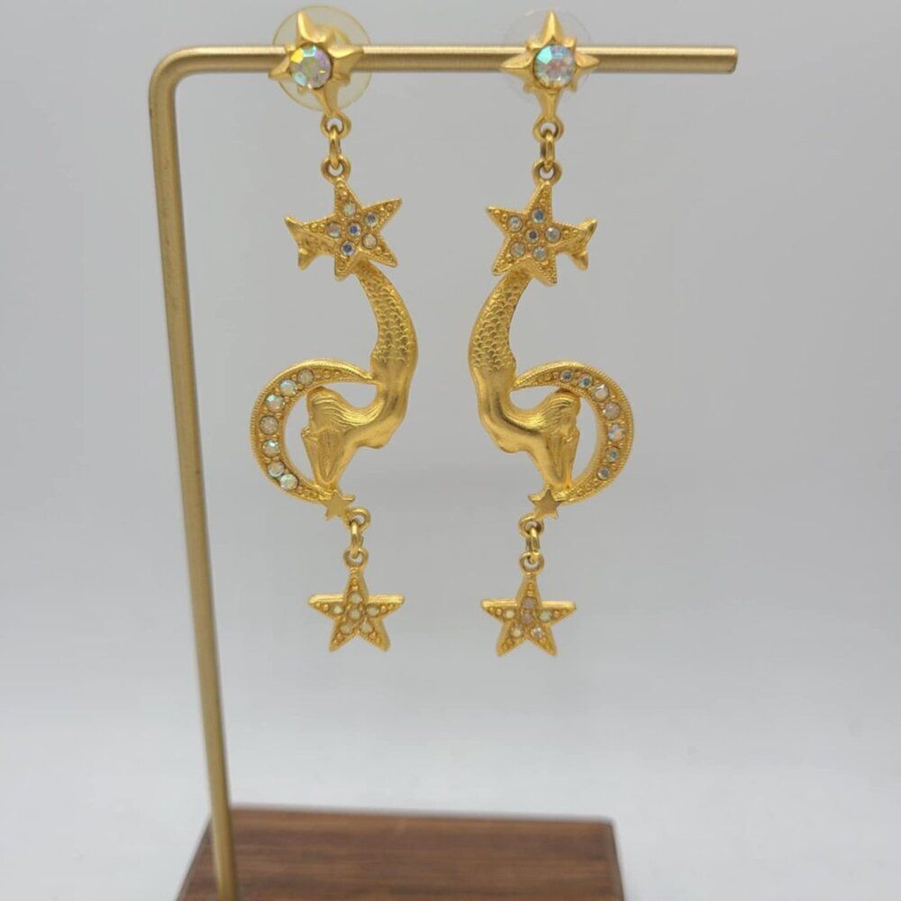 Kirks Folly Vintage Gold Tone Moon and Start Mermaid Earrings NWOT!